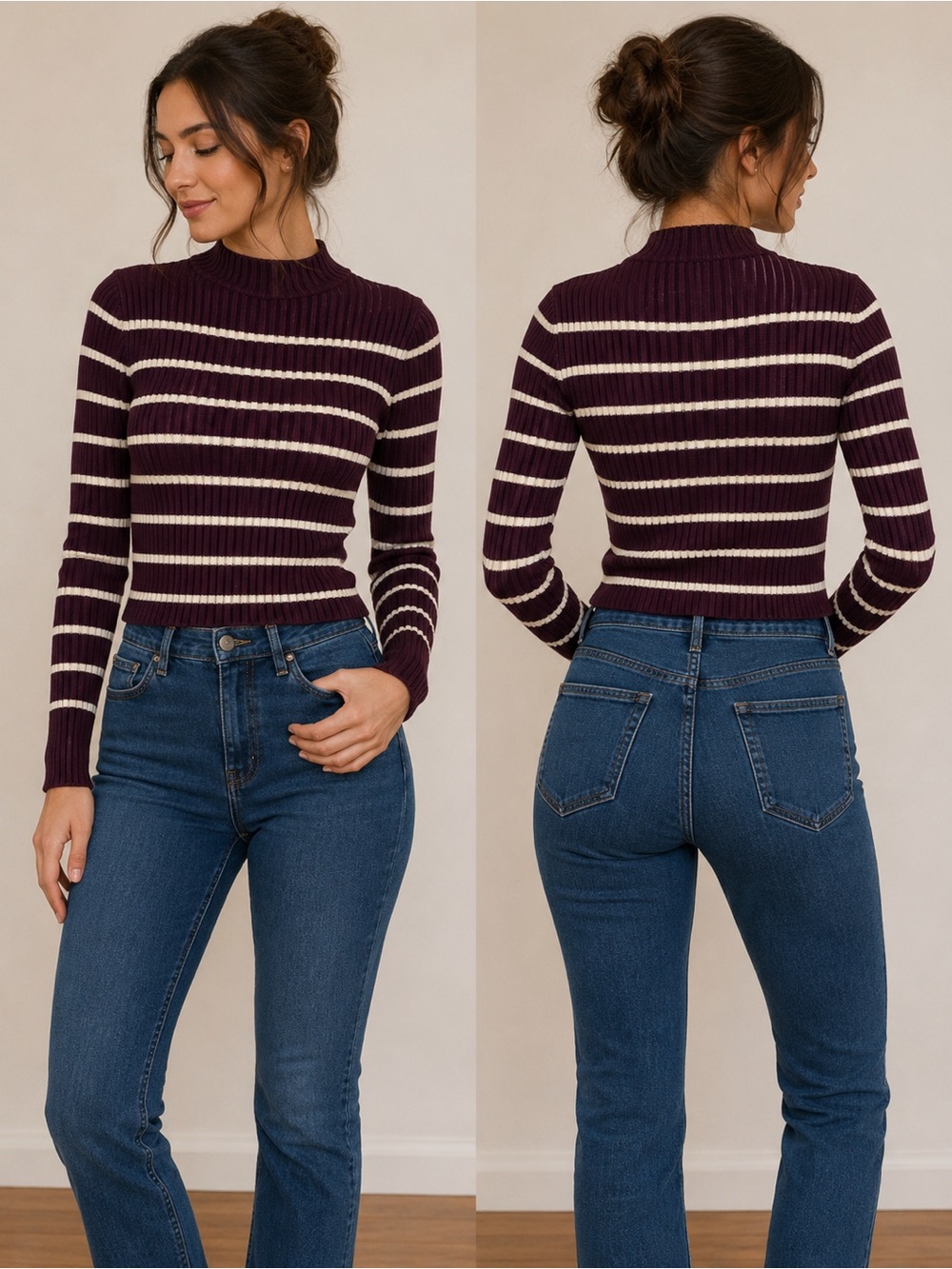 iris Plum and Cream Striped Ribbed Turtleneck Sweater